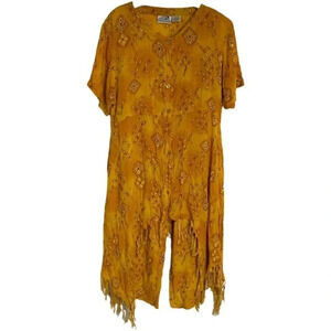 Nubian Queen S yellow orange boho print asymmetrical fringe top with harem pants